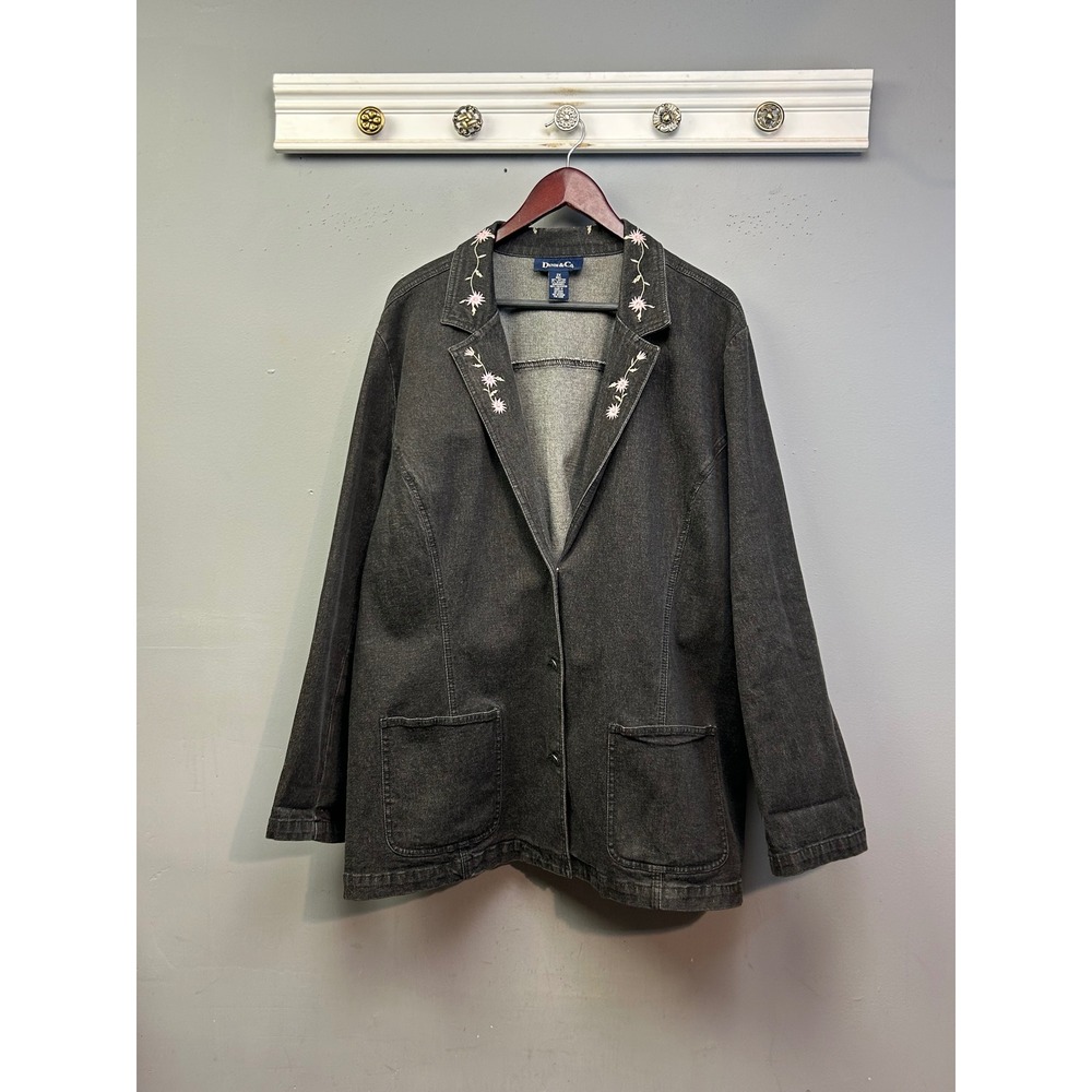 Denim & Co Blazer Women 2X Gray Floral Embroidered Denim Jacket Button Up Pocket